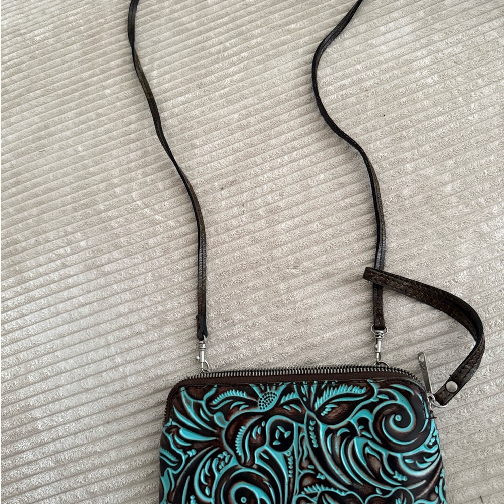 Patricia Nash Teal and Brown Embossed Crossbody Bag